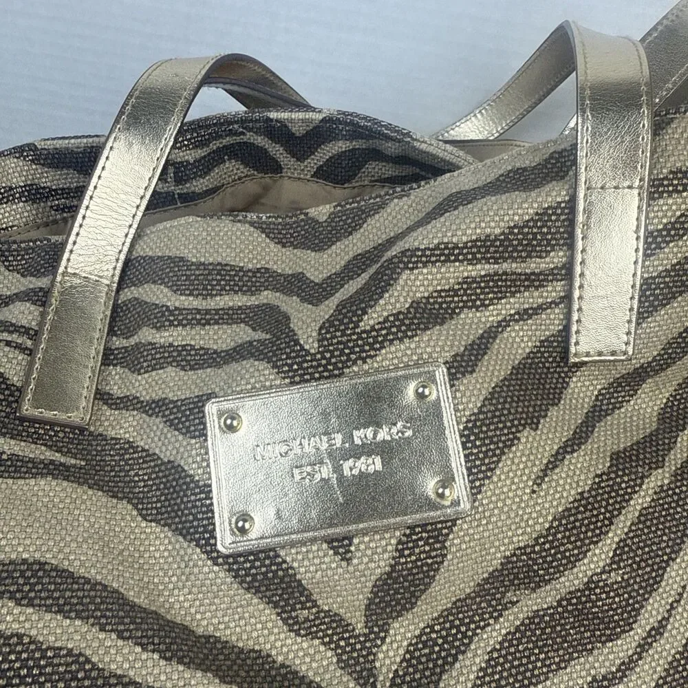 Michael Kors Gold Zebra Print Tote Canvas Bag Purse